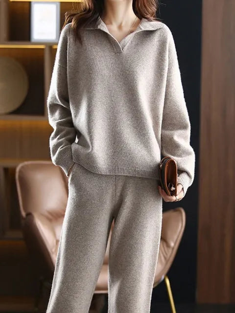 Drune - 2 Stück Set Ladies Oversized Trainingsanzug Polo Kragen Pullover und Hose