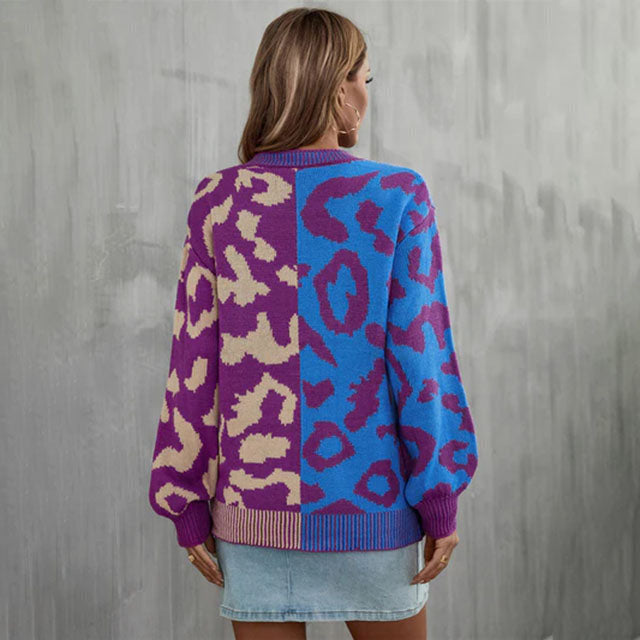 Drune | Pullover - Damen Herbst Farbblock Leopard Strickpullover