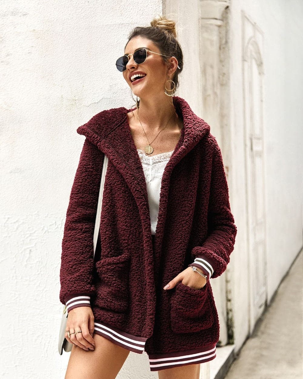 Drune | Fleecejacke Übergroß Sherpa Kapuze Und Große Taschen Weich Und Warm
