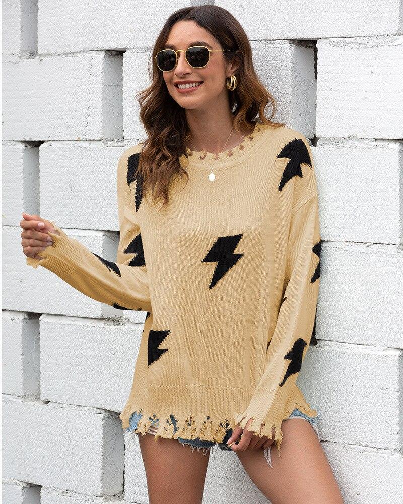 Drune | Strickpullover - Lockere Passform - Blitzmuster & Fransen Saum