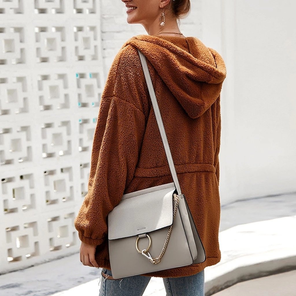 Drune | Teddyjacke Weicher Plüsch Kapuze & Reißverschluss Übergroß Fit Taschen