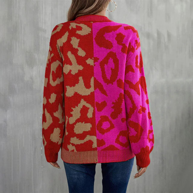Drune | Pullover - Damen Herbst Farbblock Leopard Strickpullover