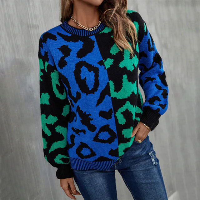 Drune | Pullover - Damen Herbst Farbblock Leopard Strickpullover