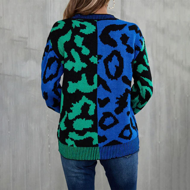 Drune | Pullover - Damen Herbst Farbblock Leopard Strickpullover