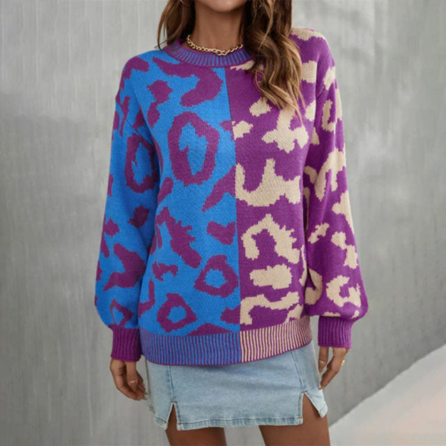 Drune | Pullover - Damen Herbst Farbblock Leopard Strickpullover