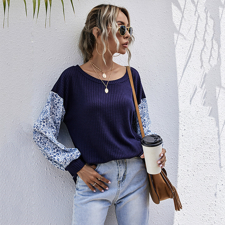 Damen Leichter Waffelstrick-Pullover mit floral gemusterten Balloonärmeln Drune
