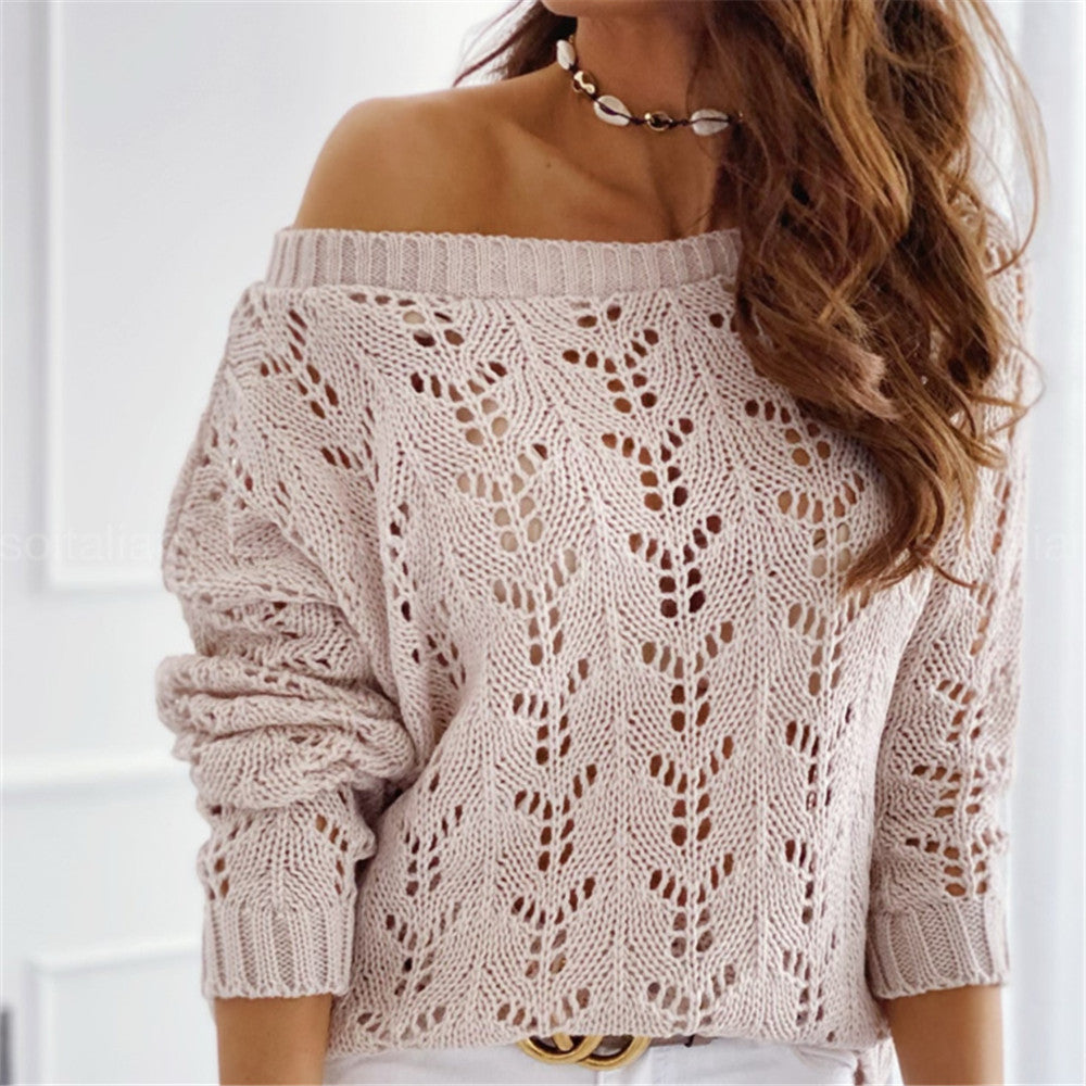 Damen Off-Shoulder Strickpullover mit floralem Lochmuster Drune