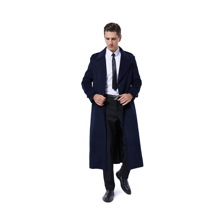 Herren Maxilanger Mantel aus Wollmix mit Bindegürtel, Epauletten und klassischem Revers Drune