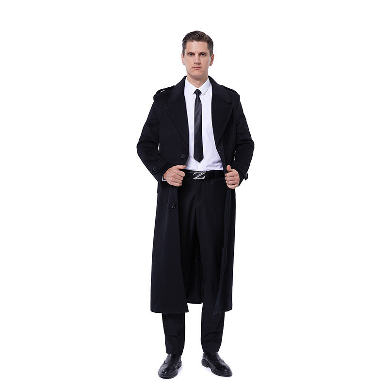 Herren Einreihiger maxilanger Wollmantel mit Bindegürtel und Schulterklappen Drune