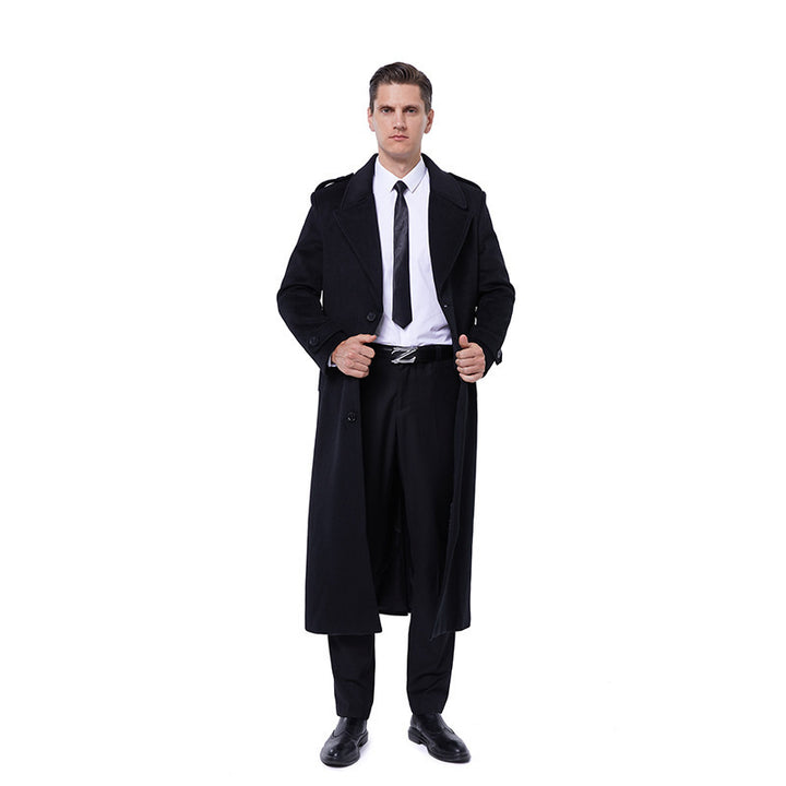 Herren Einreihiger maxilanger Wollmantel mit Bindegürtel und Schulterklappen Drune