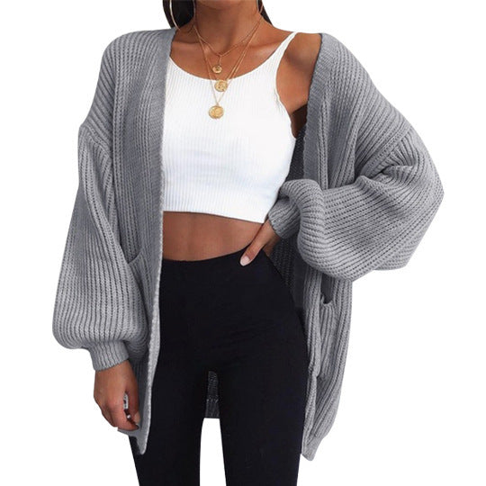 Damen Grobstrickcardigan mit voluminösen Ärmeln und offenen Taschen Drune