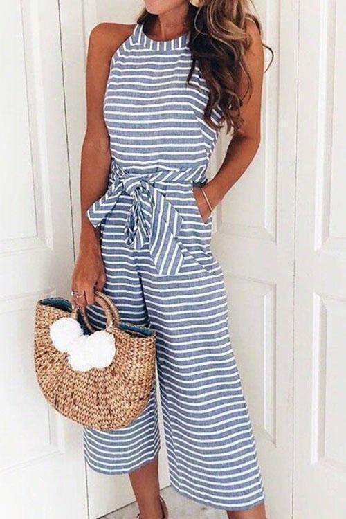 Drune | Rosiedress Rundhals ärmelloses gestreiftes Schleifen-geflochtenes weit geschnittenes Jumpsuit