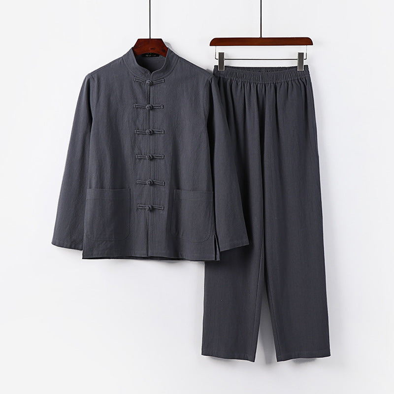 Herren Lockeres Hanfu-inspiriertes Freizeit-Set mit Stehkragen und Knotenverschlüssen Drune