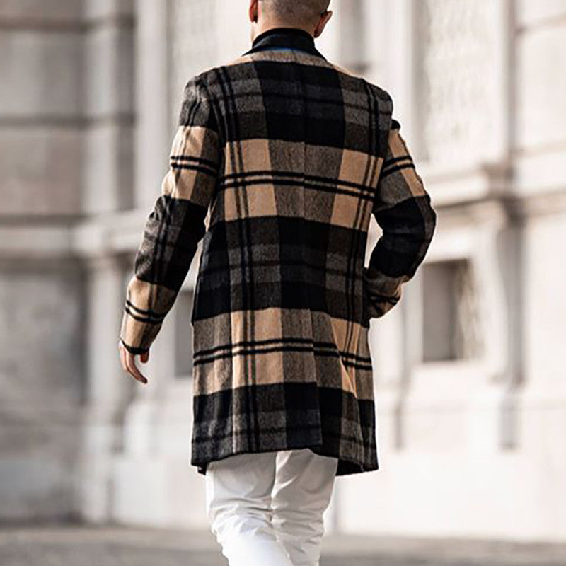 Herren Langer karierter Wollmix-Mantel mit Reverskragen und schlanker Silhouette Drune
