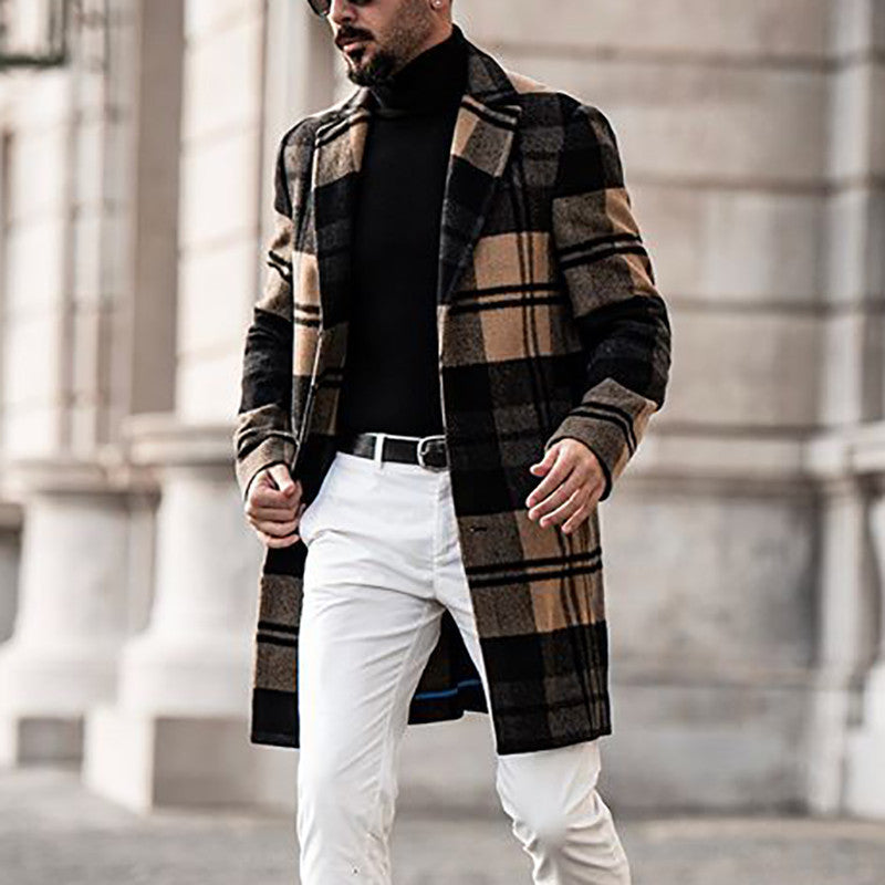 Herren Langer karierter Wollmix-Mantel mit Reverskragen und schlanker Silhouette Drune