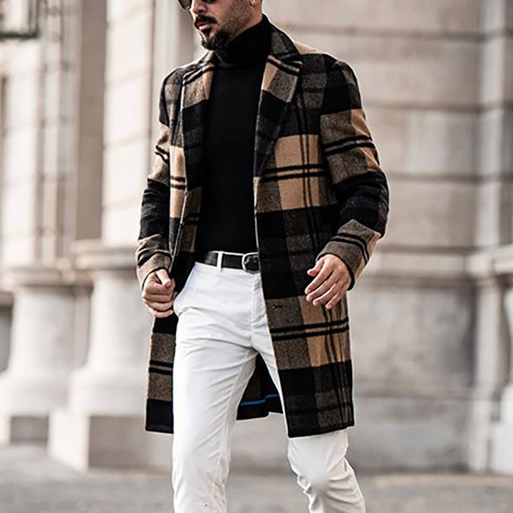Herren Langer karierter Wollmix-Mantel mit Reverskragen und schlanker Silhouette Drune