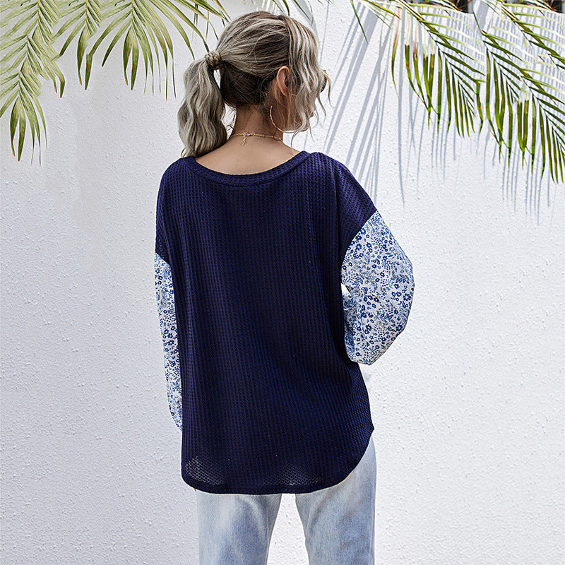 Damen Leichter Waffelstrick-Pullover mit floral gemusterten Balloonärmeln Drune