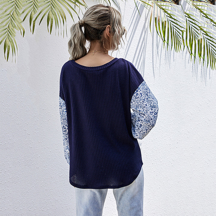 Damen Leichter Waffelstrick-Pullover mit floral gemusterten Balloonärmeln Drune