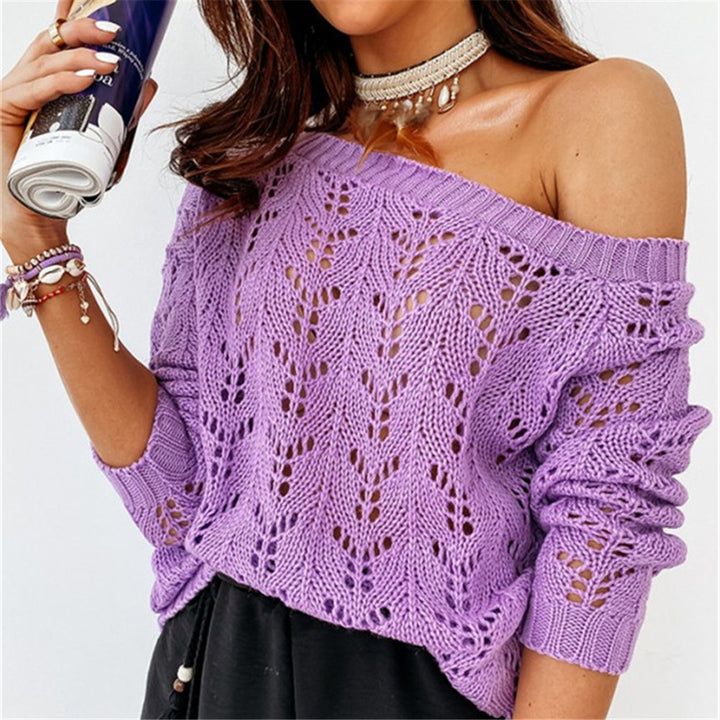 Damen Off-Shoulder Strickpullover mit floralem Lochmuster Drune