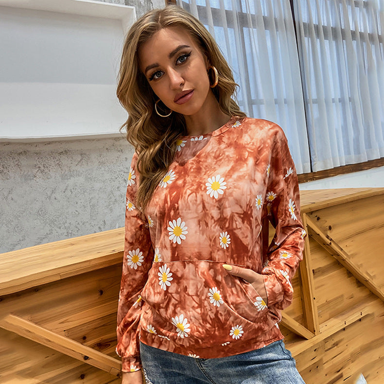 Damen locker geschnittenes Sweatshirt mit Gänseblümchen‑Print Batik‑Optik und Kängurutasche Drune