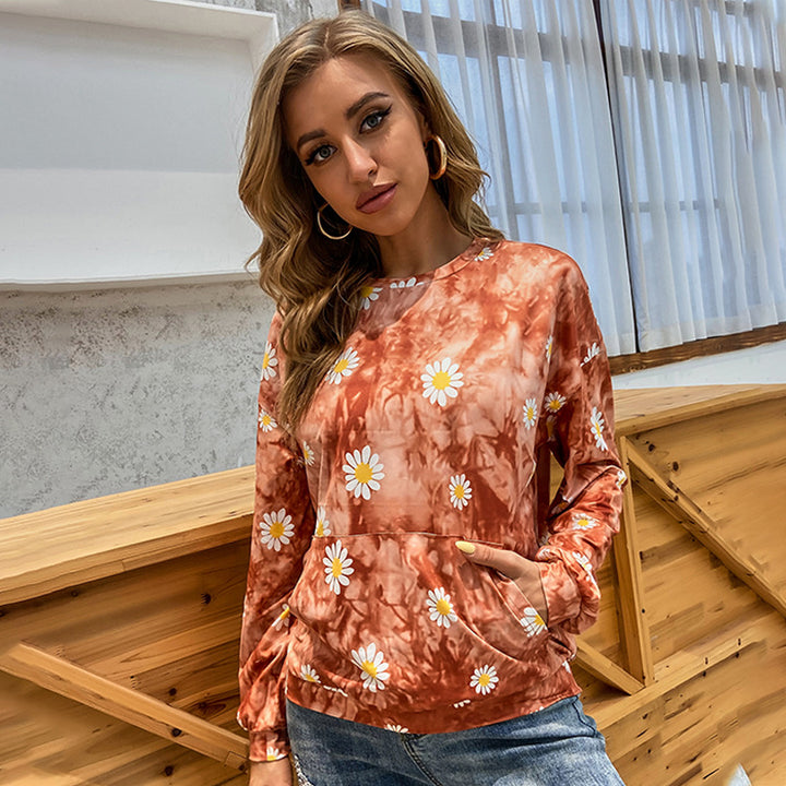Damen locker geschnittenes Sweatshirt mit Gänseblümchen‑Print Batik‑Optik und Kängurutasche Drune