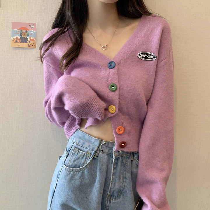 Damen Lässige Strickjacke mit bunten Knöpfen und V-Ausschnitt Drune