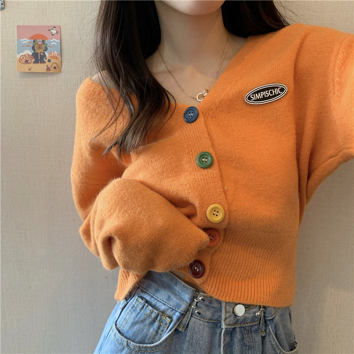 Damen Lässige Strickjacke mit bunten Knöpfen und V-Ausschnitt Drune