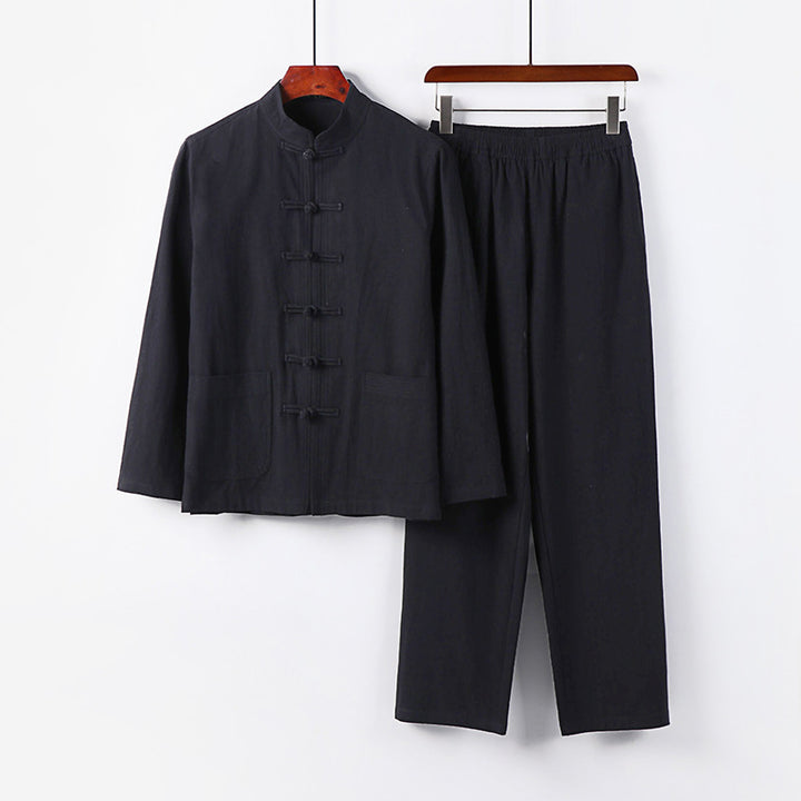 Herren Lockeres Hanfu-inspiriertes Freizeit-Set mit Stehkragen und Knotenverschlüssen Drune