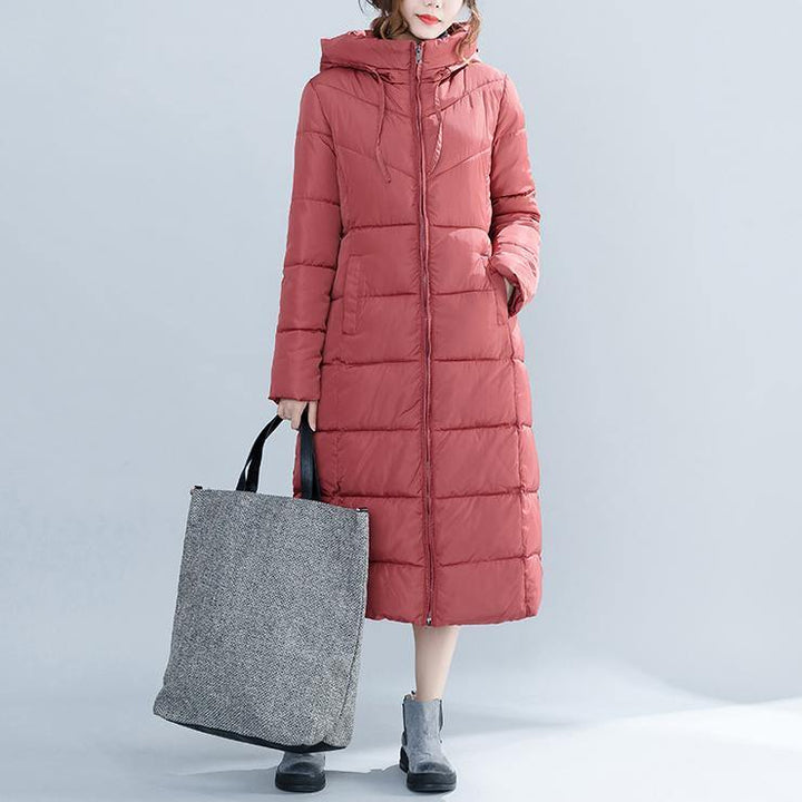 Drune | Lässige rote Wintermode Plus-Size Kapuzen Baumwolljacke Damen Taschen Reißverschluss Trench Baumwollmäntel
