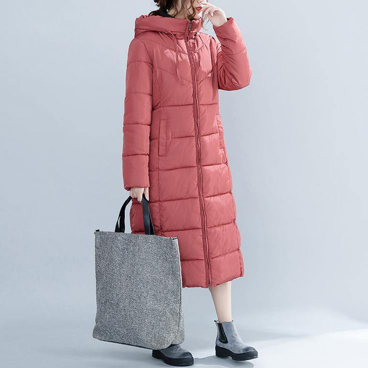 Drune | Lässige rote Wintermode Plus-Size Kapuzen Baumwolljacke Damen Taschen Reißverschluss Trench Baumwollmäntel