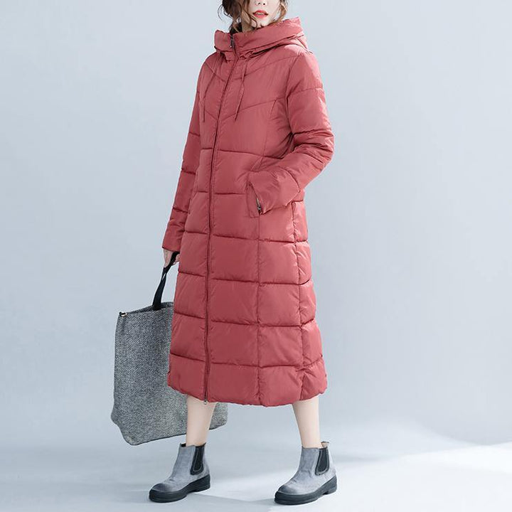 Drune | Lässige rote Wintermode Plus-Size Kapuzen Baumwolljacke Damen Taschen Reißverschluss Trench Baumwollmäntel
