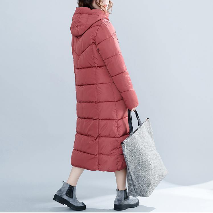 Drune | Lässige rote Wintermode Plus-Size Kapuzen Baumwolljacke Damen Taschen Reißverschluss Trench Baumwollmäntel