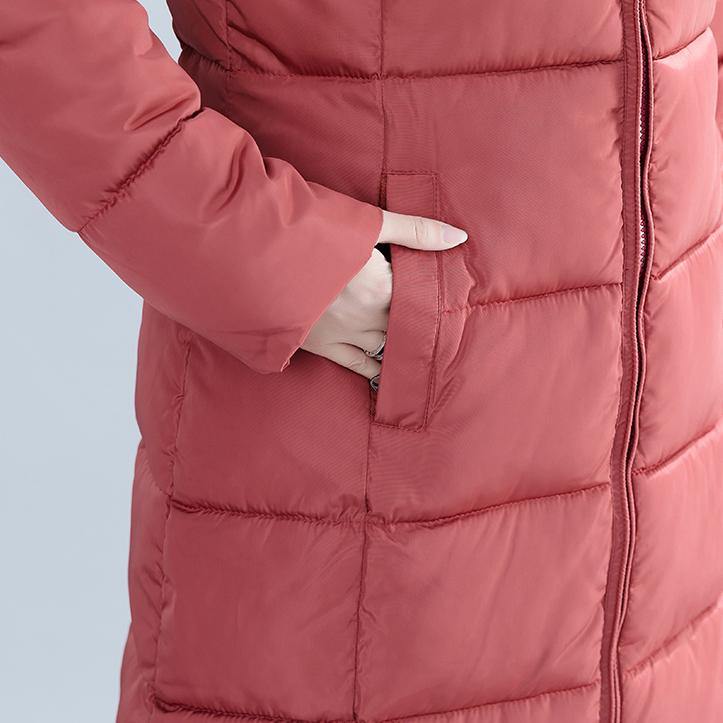 Drune | Lässige rote Wintermode Plus-Size Kapuzen Baumwolljacke Damen Taschen Reißverschluss Trench Baumwollmäntel