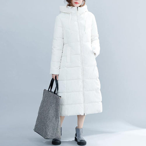 Drune | weißer trendiger Plus-Size Kapuzen-Cotton-Mantel Elegante Taschen mit Reißverschluss Winter-Cotton-Mäntel