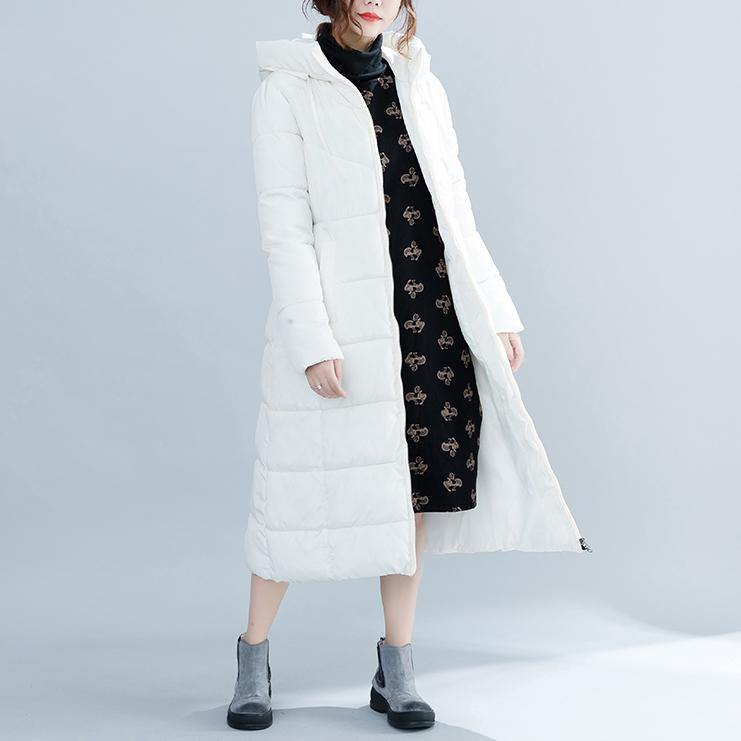 Drune | weißer trendiger Plus-Size Kapuzen-Cotton-Mantel Elegante Taschen mit Reißverschluss Winter-Cotton-Mäntel
