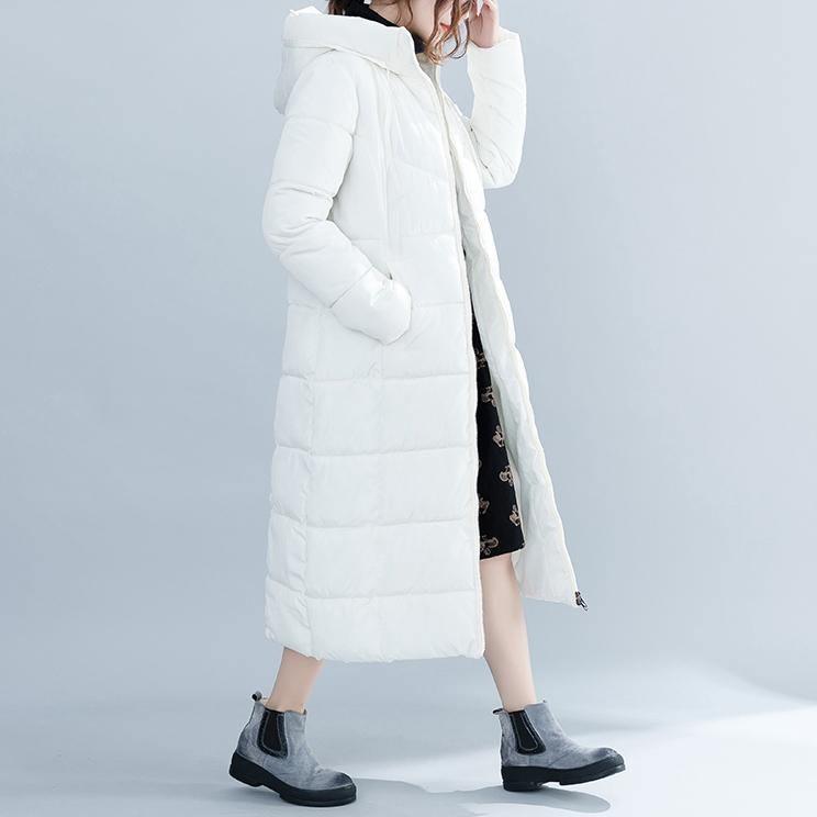 Drune | weißer trendiger Plus-Size Kapuzen-Cotton-Mantel Elegante Taschen mit Reißverschluss Winter-Cotton-Mäntel