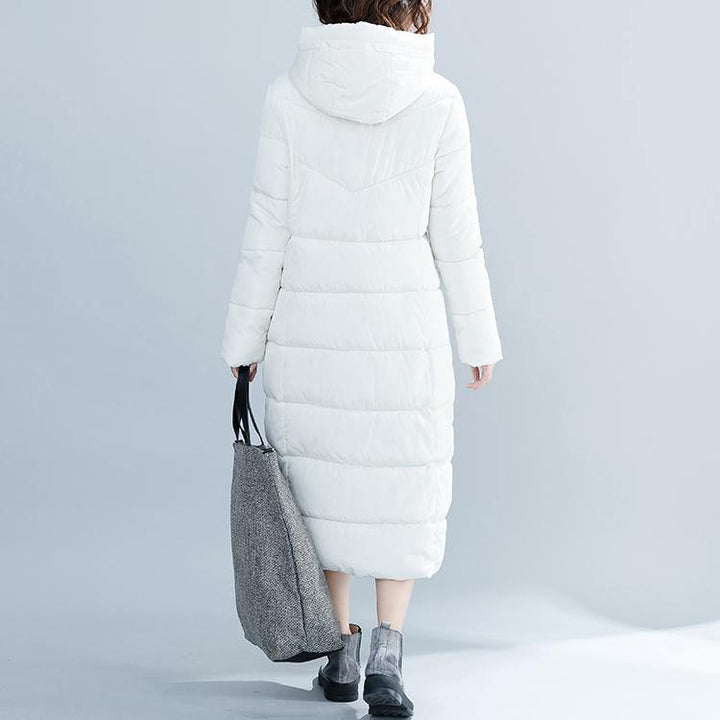 Drune | weißer trendiger Plus-Size Kapuzen-Cotton-Mantel Elegante Taschen mit Reißverschluss Winter-Cotton-Mäntel