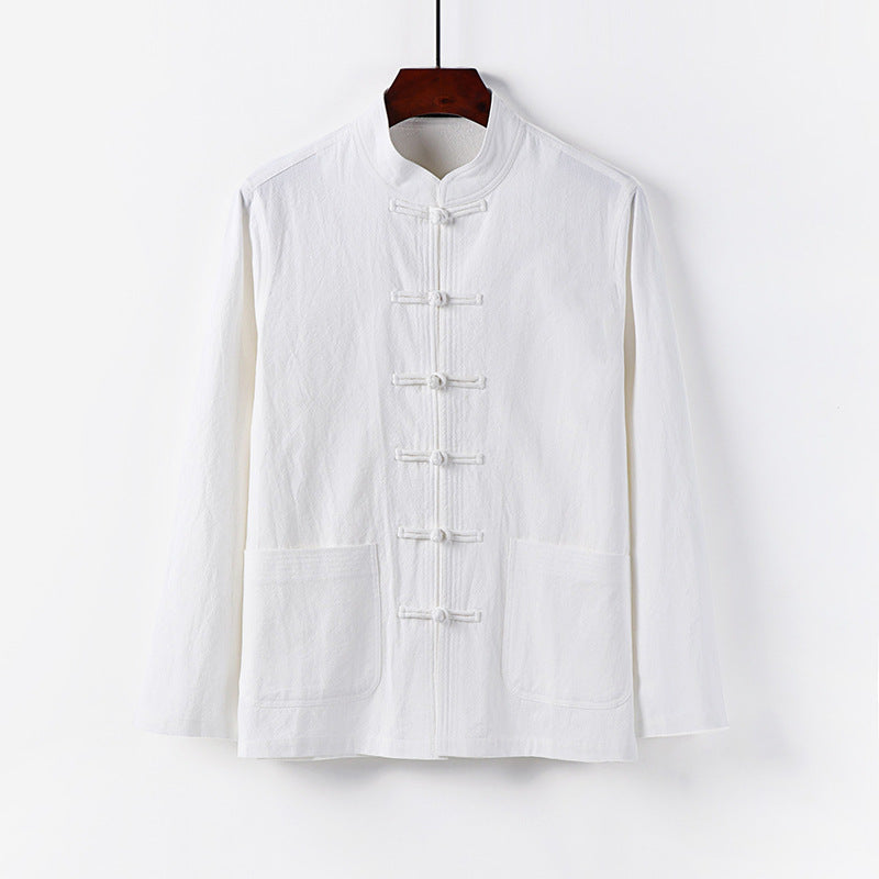Herren traditionelle Tang-Jacke mit Stehkragen und Knotenknöpfen aus Leinenmischung Drune