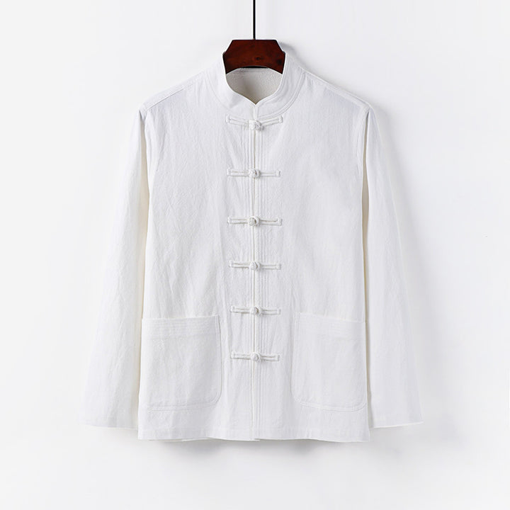 Herren traditionelle Tang-Jacke mit Stehkragen und Knotenknöpfen aus Leinenmischung Drune