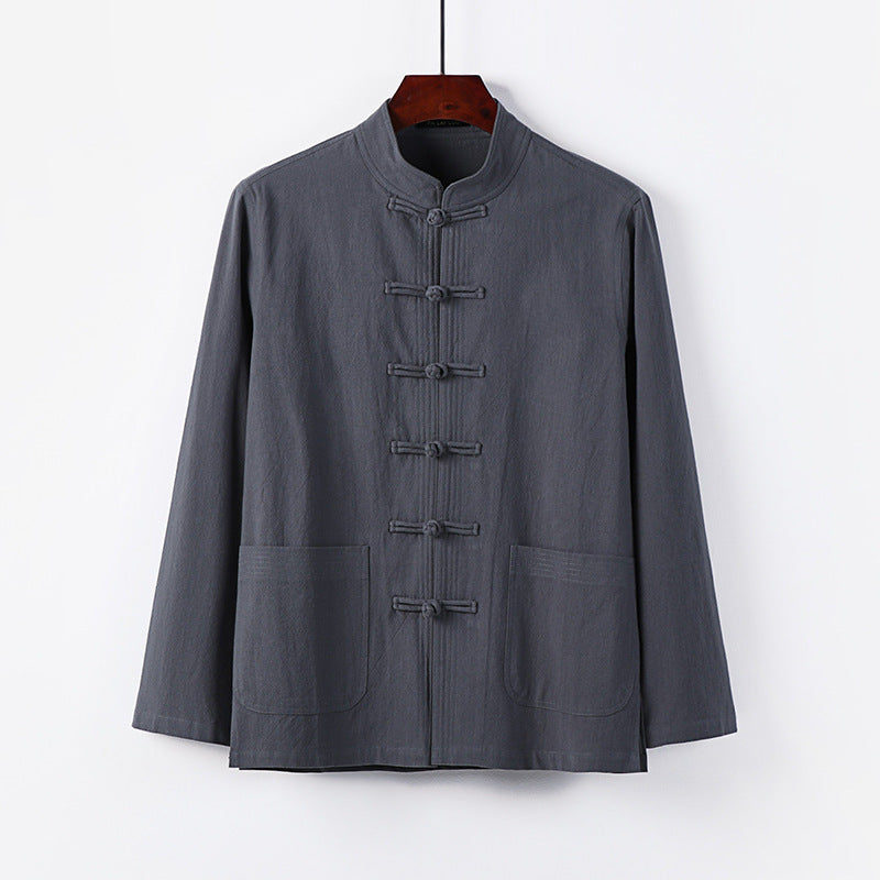 Herren traditionelle Tang-Jacke mit Stehkragen und Knotenknöpfen aus Leinenmischung Drune