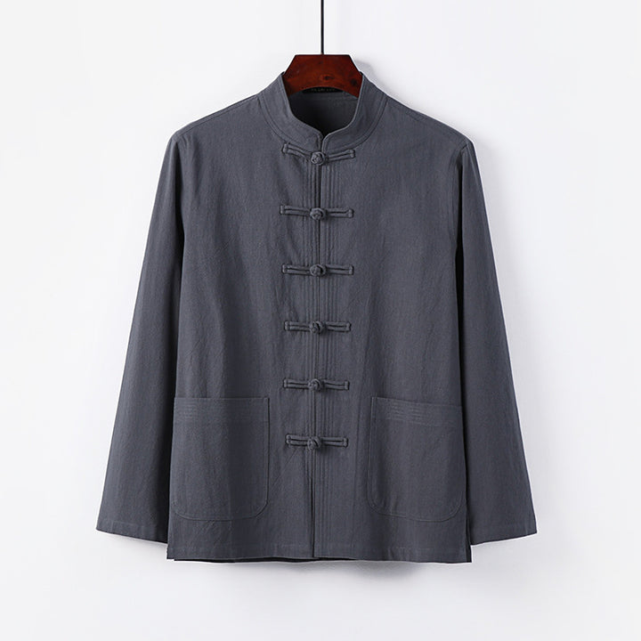 Herren traditionelle Tang-Jacke mit Stehkragen und Knotenknöpfen aus Leinenmischung Drune