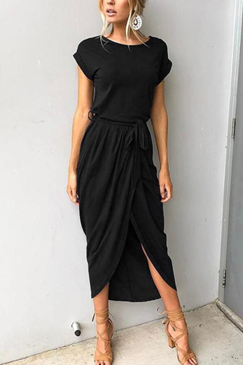 Drune | Rosiedress Kurzarm Tie Waist Schlitz Midi Kleid