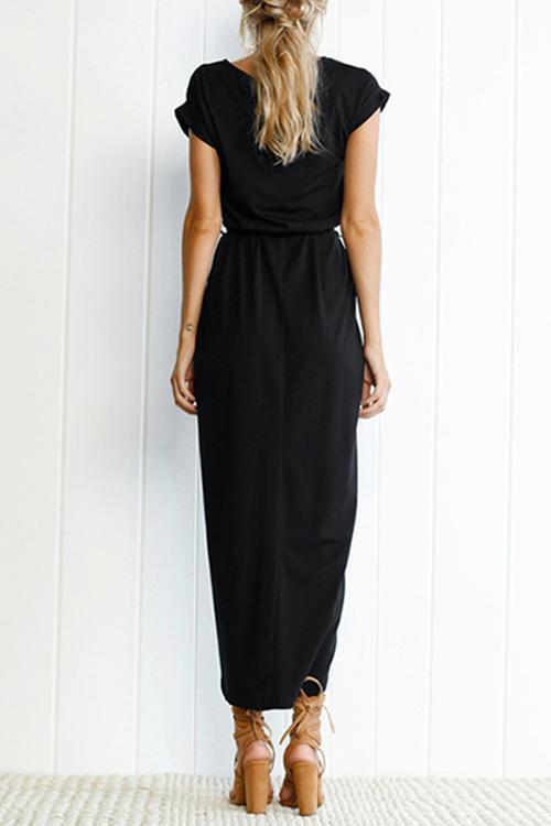 Drune | Rosiedress Kurzarm Tie Waist Schlitz Midi Kleid