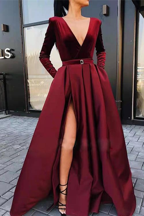 Drune | Rosiedress Tiefer V-Ausschnitt Hohe Spalte Samt Swing Partykleid