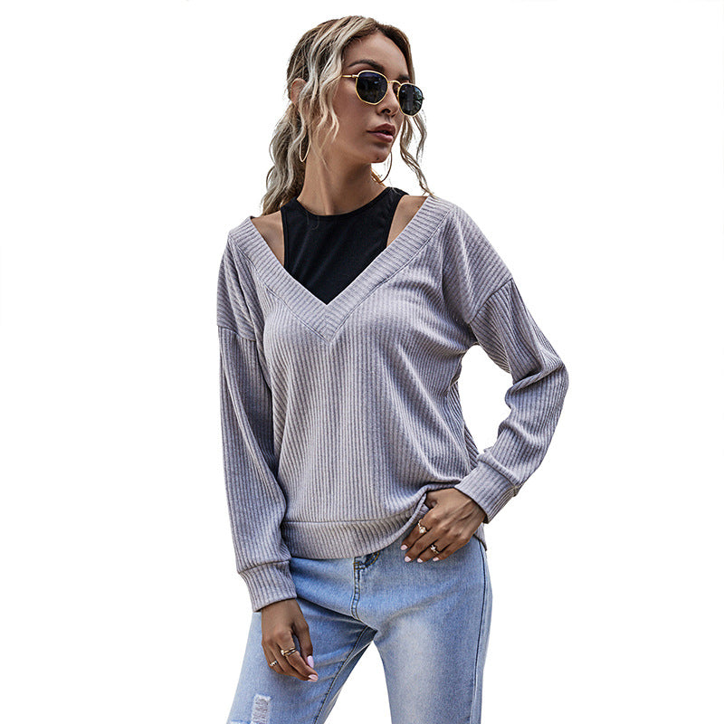 Damen Gerippter V‑Ausschnitt Strickpullover im Lagenlook mit Cut‑Out‑Schulter & überschnittener Passform Drune