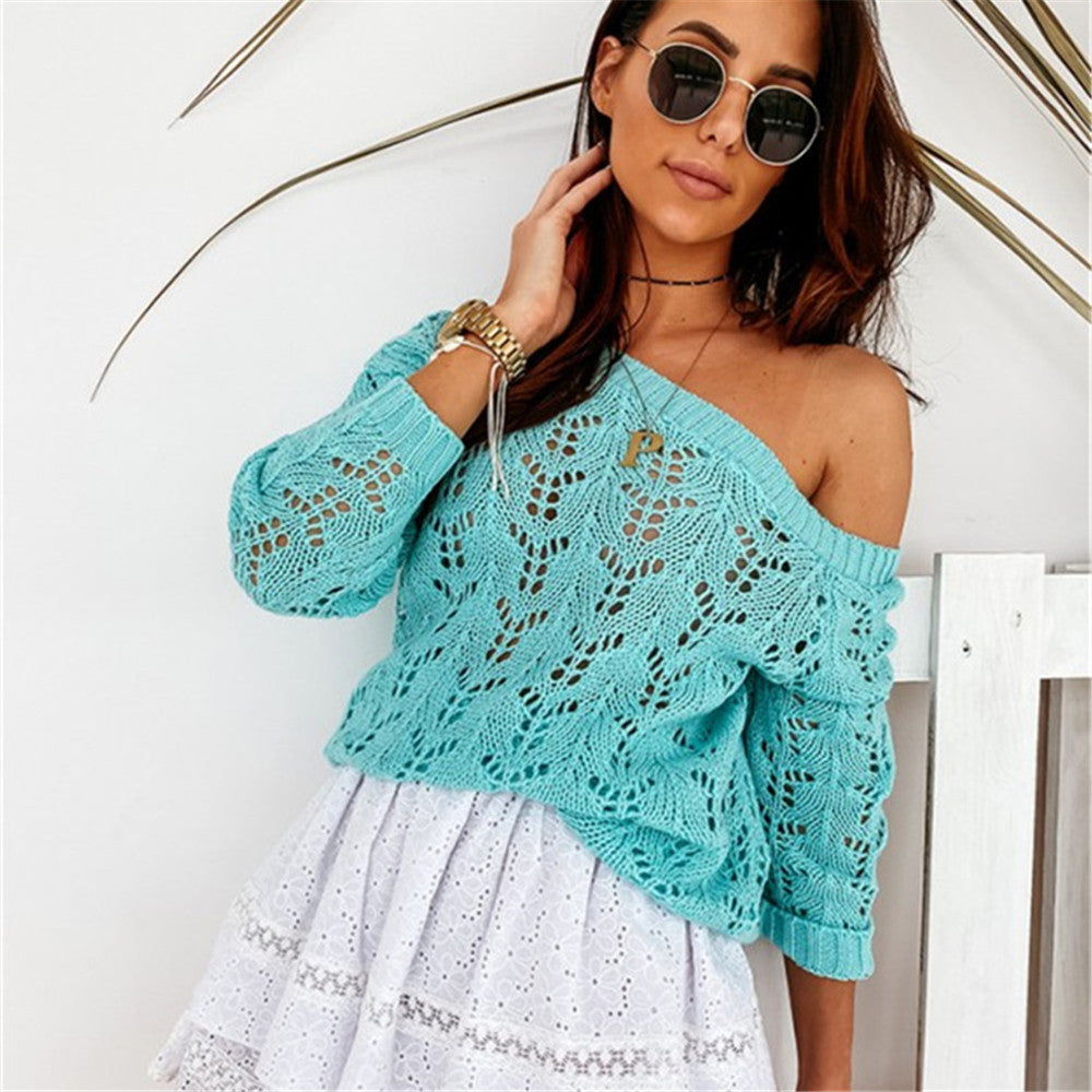 Damen Off-Shoulder Strickpullover mit filigranem Lochmuster Drune