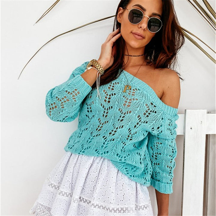 Damen Off-Shoulder Strickpullover mit floralem Lochmuster Drune