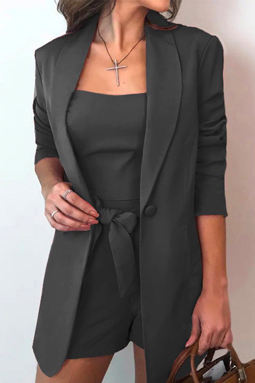 Drune | Rosiedress Quadratkragen-Oberteil und Ein-Knopf-Cardigans Taillierte Shorts Drei Teile