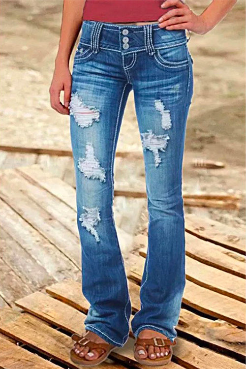Drune | Rosiedress Button Down Distressed Ripped Jeans mit Taschen