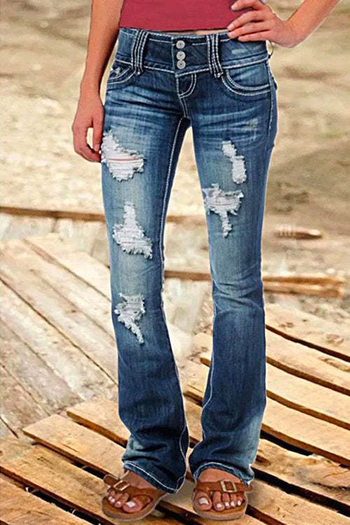 Drune | Rosiedress Button Down Distressed Ripped Jeans mit Taschen